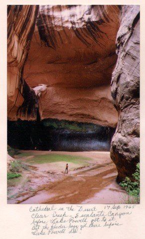 Cathedral-like sandstone canyon, a person stands on the floor. Light & shadows. Clear Creek, Utah.