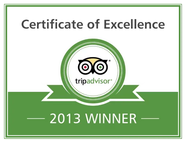 TripAdvisor Certificate of Excellence, 2013 Winner badge, green and white.
