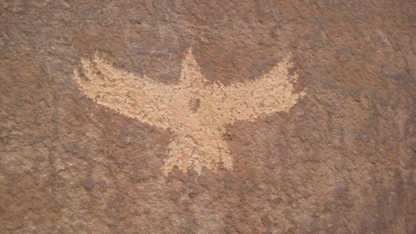 Petroglyph of a bird with outstretched wings carved into brown rock.