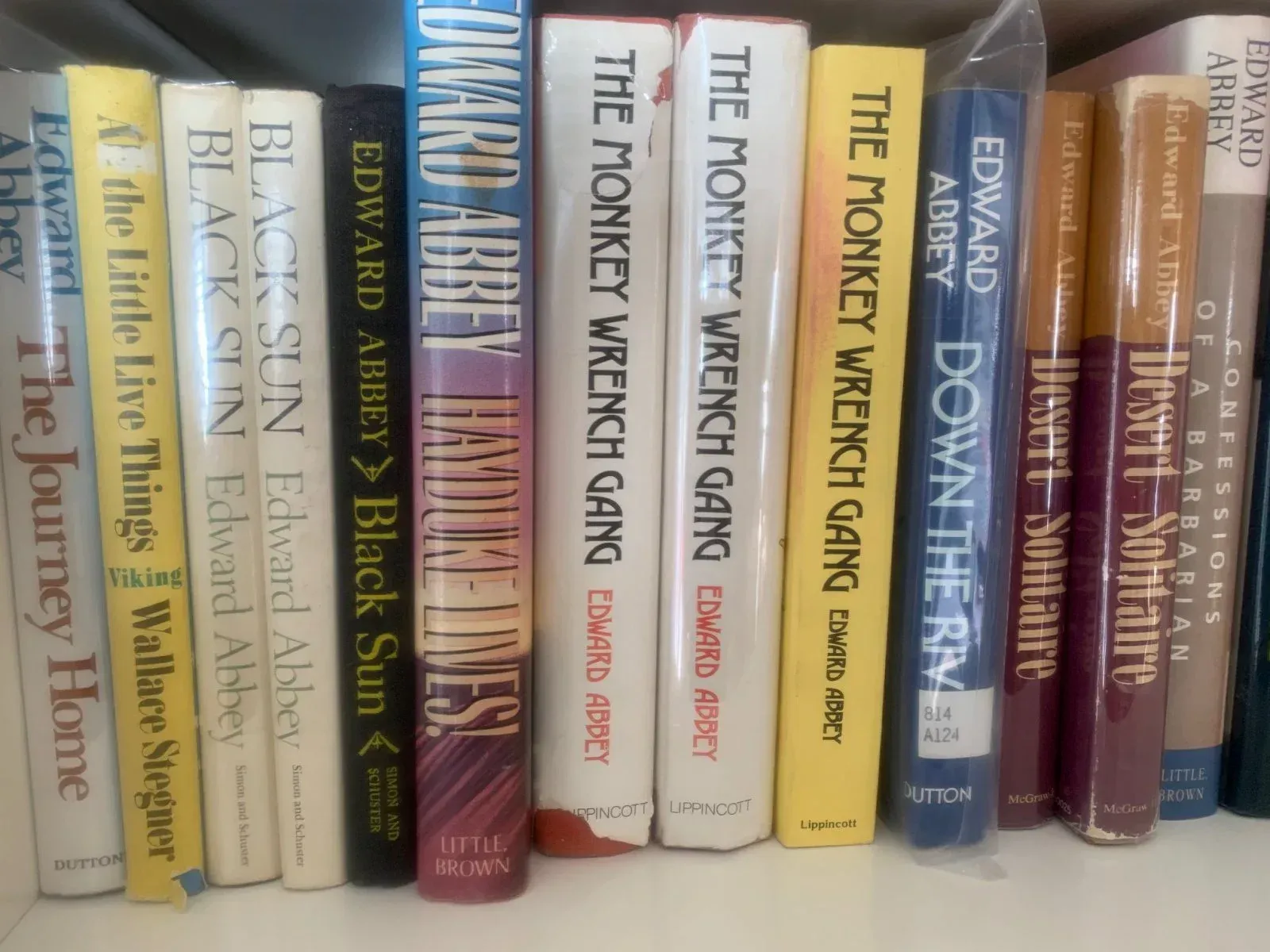 Books on a shelf, spines visible. Titles include 