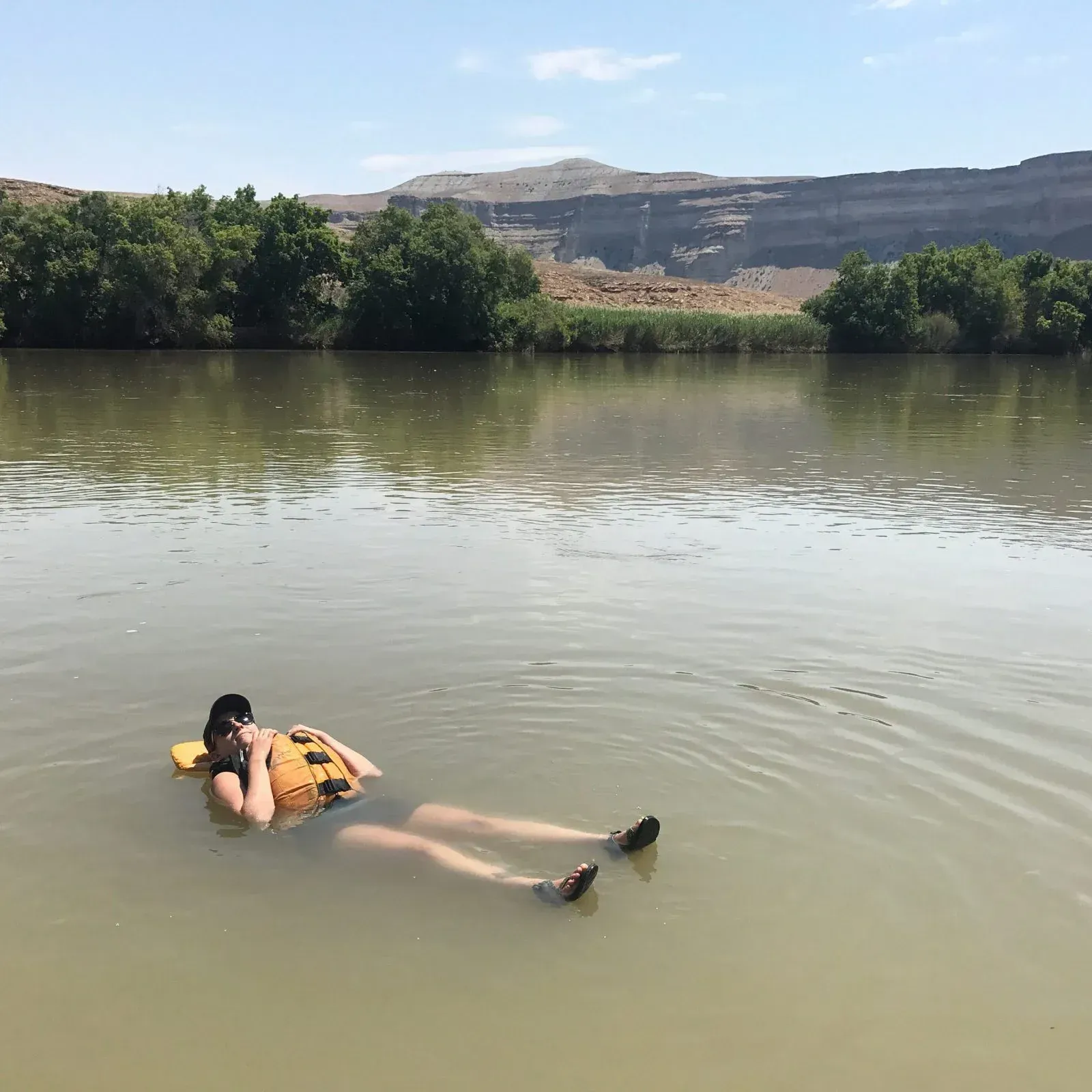 Person in orange life vest floats in murky water, with trees and a mesa in the background.