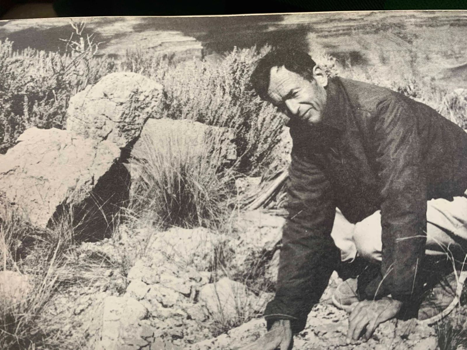Man kneeling by rocks outdoors, examining the ground. He wears a dark jacket, and the setting is dry brush and weeds.
