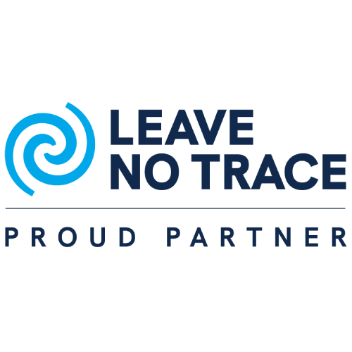 Leave No Trace logo with blue spiral and text: LEAVE NO TRACE, PROUD PARTNER.
