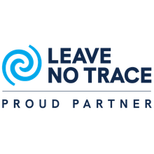 Leave No Trace logo with blue spiral and text: LEAVE NO TRACE, PROUD PARTNER.