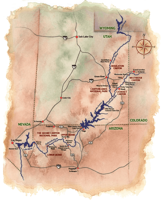 Map of the Colorado River and surrounding states, including canyons and bodies of water.