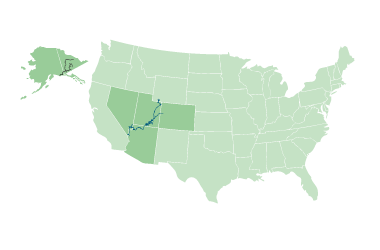 Map of the United States with Nevada and Utah highlighted in green, along with Alaska. Dark blue line traces a river.