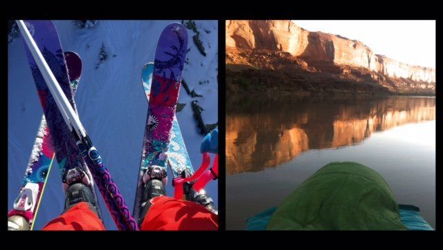 Left: Skis in snow, skier's view. Right: Calm water reflects canyon walls, person in boat.