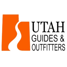 Orange block with white river shape and "Utah Guides & Outfitters" text.