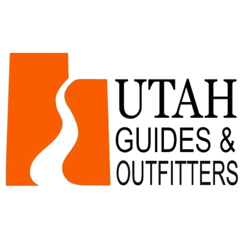 Orange block with white river shape and "Utah Guides & Outfitters" text.