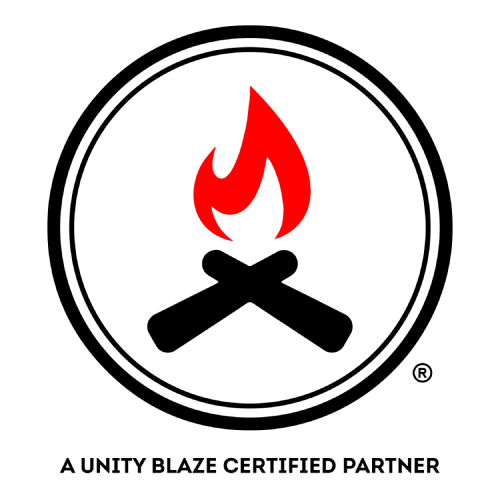 Campfire icon in a white circle, framed by a black double circle, with "A UNITY BLAZE CERTIFIED PARTNER" text below.