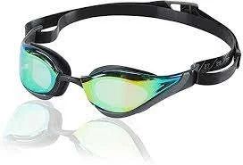 Black and turquoise swim goggles with mirrored lenses.