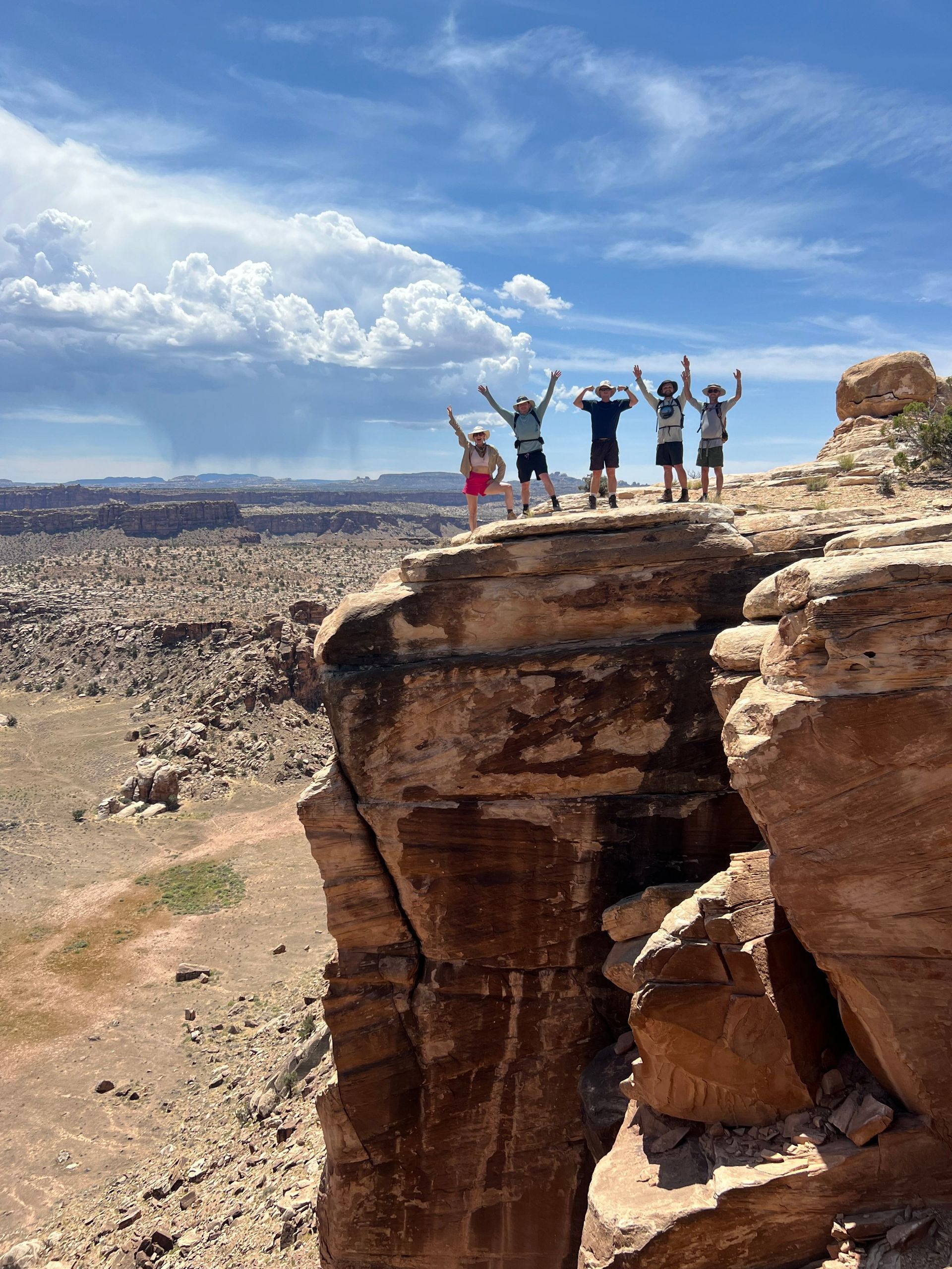 Five people stand on a cliff edge, arms raised, overlooking a canyon under a cloudy sky.