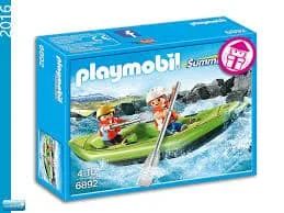 Playmobil set: Two figures in a green inflatable raft, paddling on a river, blue box.