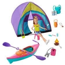 Barbie camping set with tent, kayak, accessories, and doll.