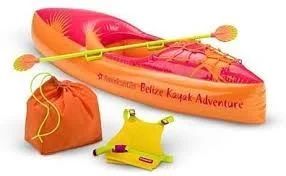 Orange and pink inflatable kayak, paddle, life vest, and bag.
