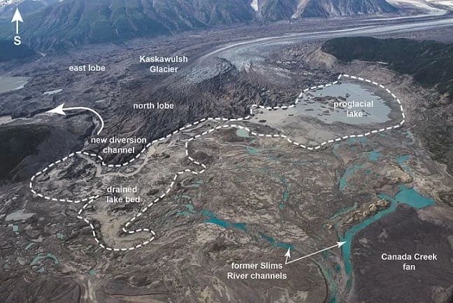Aerial view of Katiewah Glacier with labeled lobes, meltwater channels, and a proglacial lake.