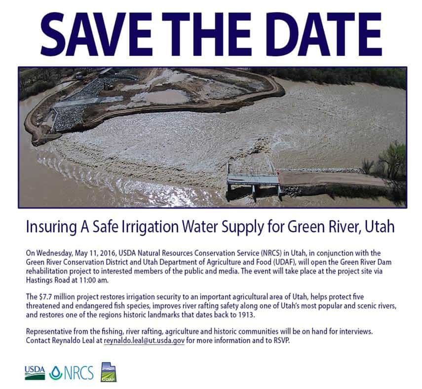Save the Date for Green River, Utah. Floodwater scene with text about irrigation, USDA & NRCS.