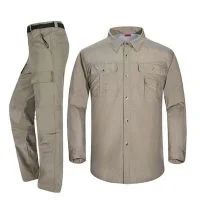 Tan workwear set: pants on the left, button-down shirt on the right. Both are a neutral, light brown.