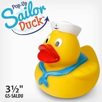 Yellow rubber duck wearing a sailor hat and scarf.