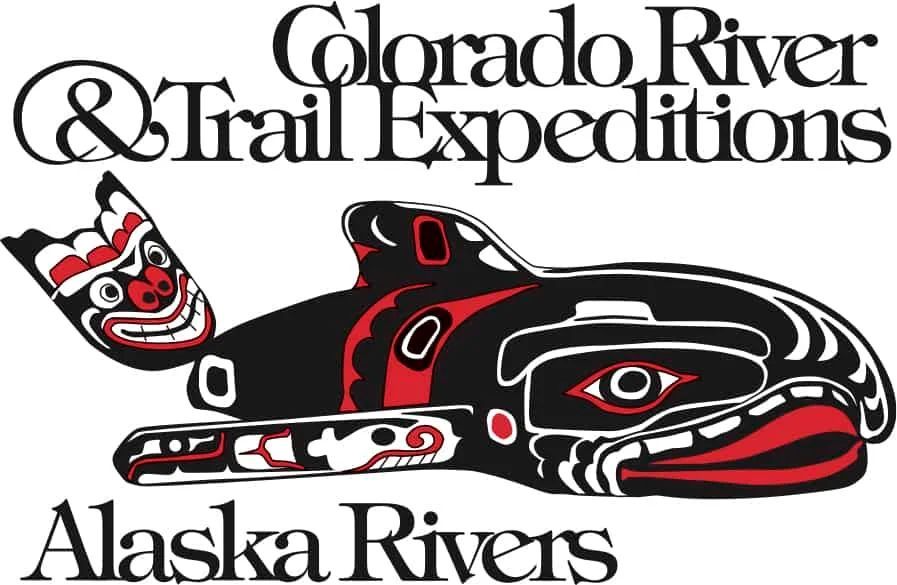 Colorado River & Trail Expeditions logo: stylized orca with red and black tribal art,