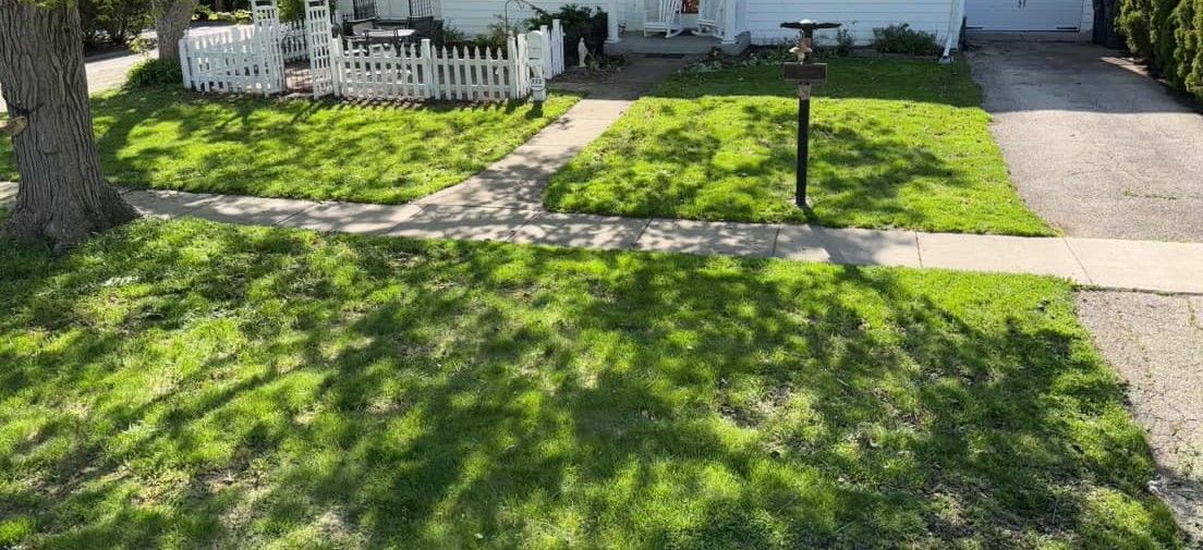 An aerial view of a lush green lawn in front of a white house.