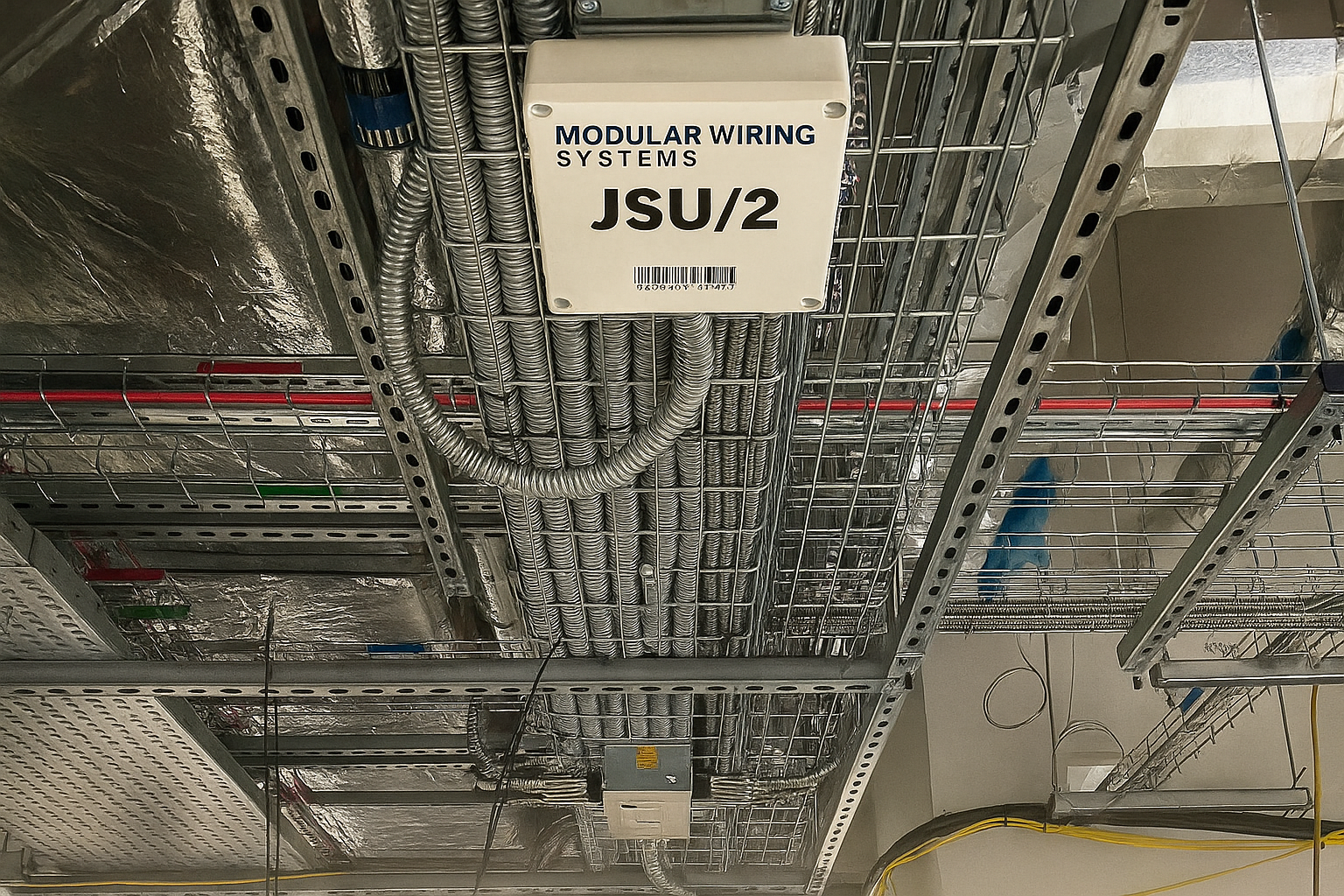 A jsu / 2 box is hanging from the ceiling of a building
