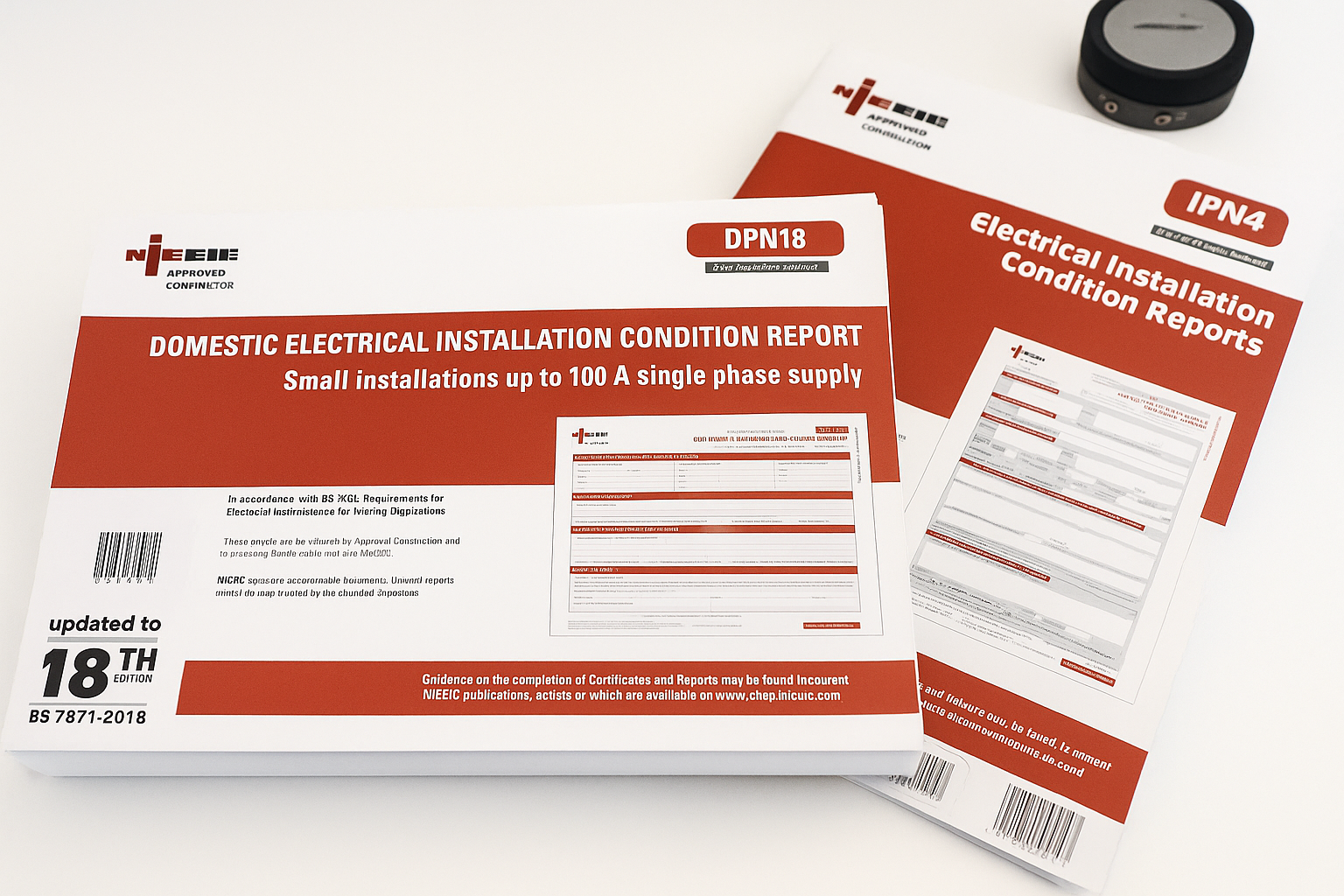 A stack of electrical installation reports on a table
