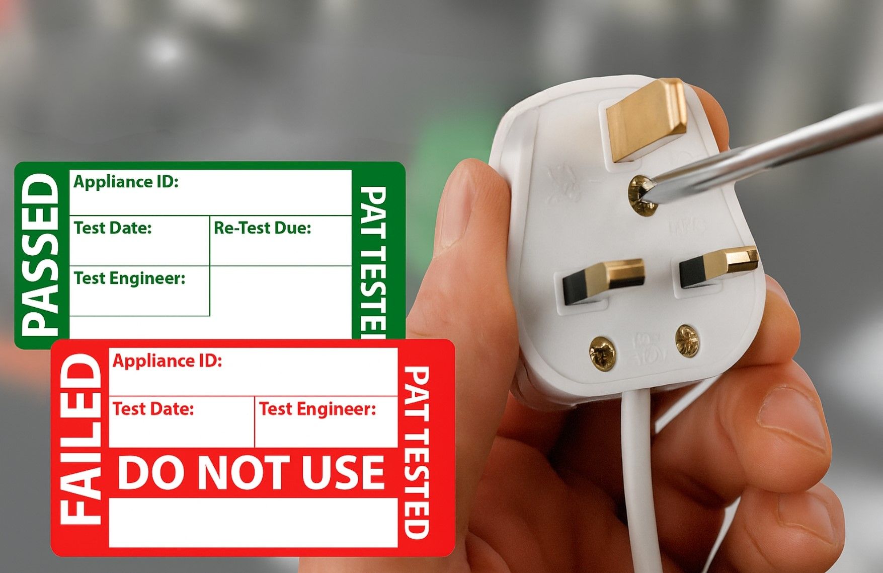 A person is holding a plug with a screwdriver and a sticker that says failed do not use