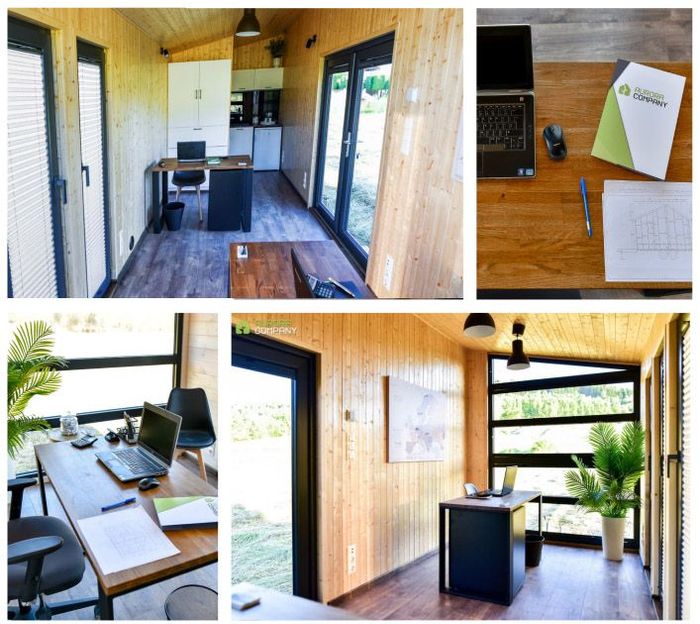 Interieur van een tinyhouse als kantoorruimte