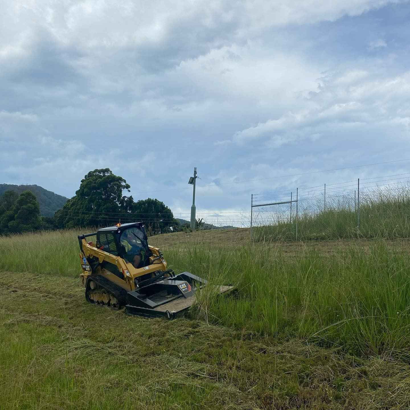 Yellow Skid Steer Mowing Tall Grass in a Field — B & D Bunt Earthmoving Contractors in North Boambee Valley, NSW
