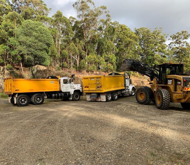 A Two Yellow Tipper Trucks on a Gravel — B & D Bunt Earthmoving Contractors in Coffs Harbour, NSW