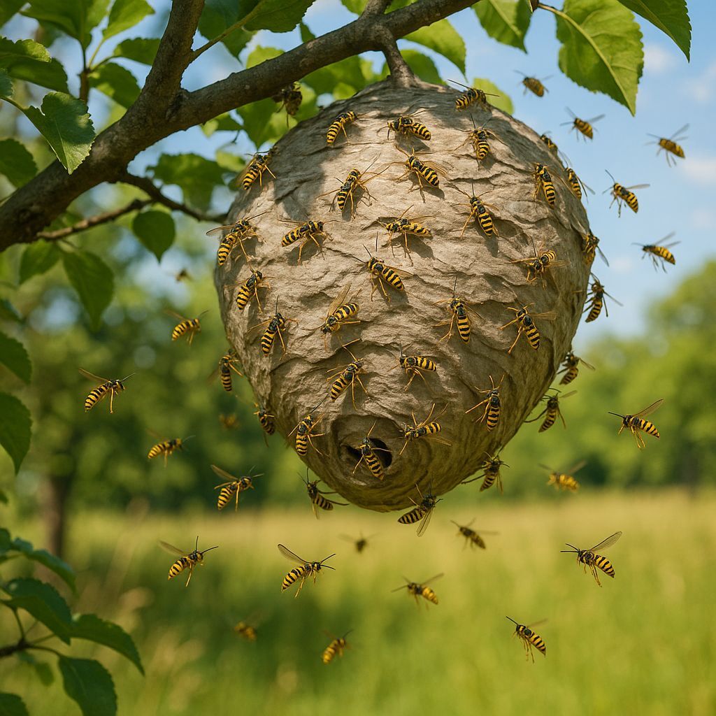 nid de guêpes sur une branche d'arbre