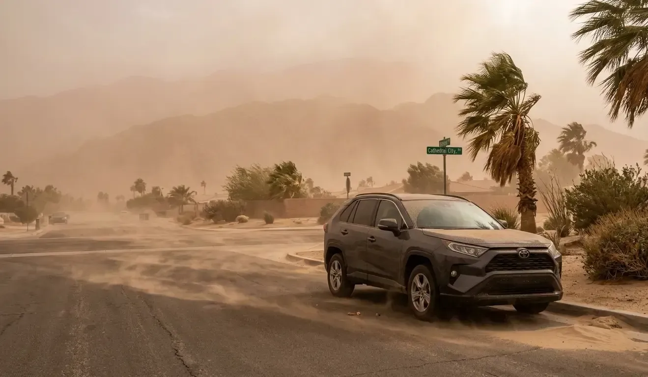 Car exposed to blowing desert sand in Cathedral City, CA