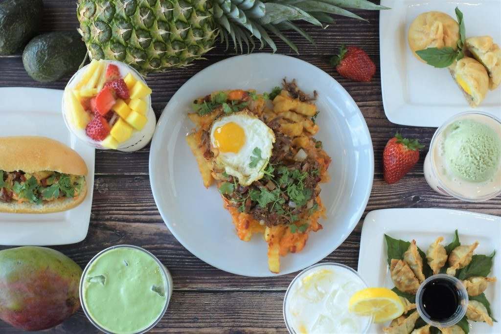 There are many different types of food on the table.