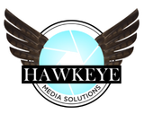 A logo for hawkeye media solutions has wings on it