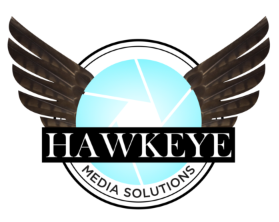 A logo for hawkeye media solutions has wings on it