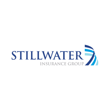 The logo for stillwater insurance group is blue and white