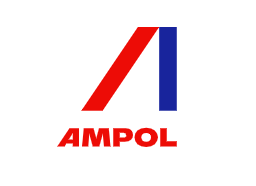 A red and blue logo for ampol on a white background