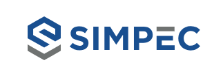 A blue and gray logo for simpec on a white background.