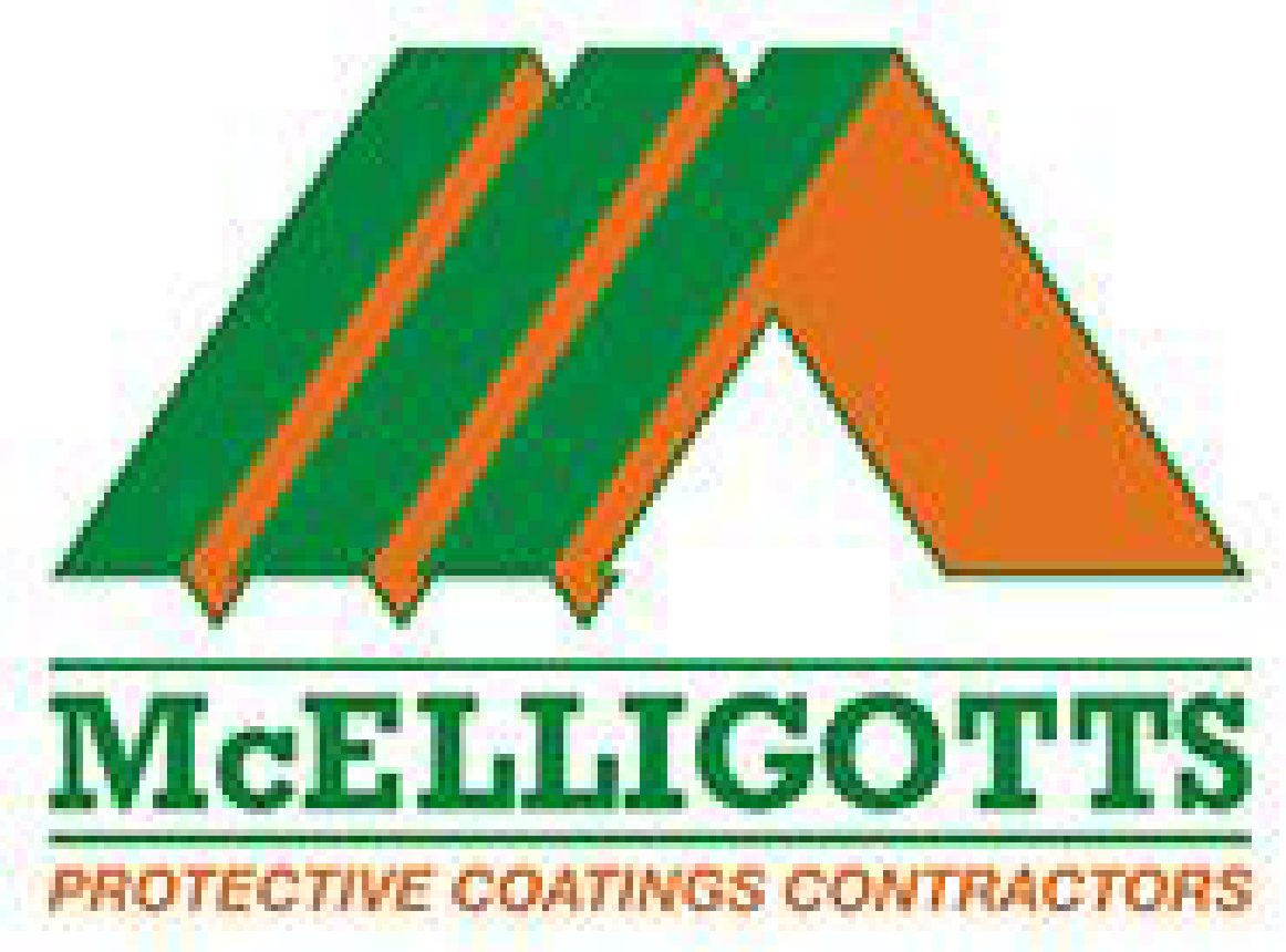 The logo for mcellicott 's protective coatings contractors is green and orange.