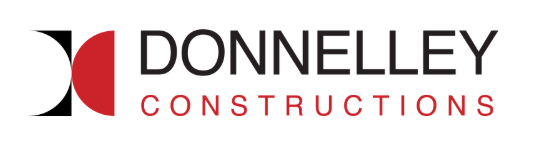 The logo for donneley constructions is red and black