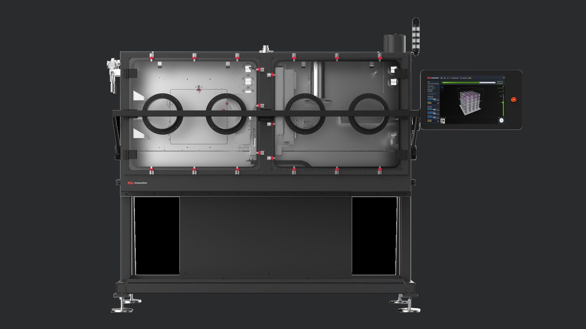 A machine is sitting on a table with a black background.
