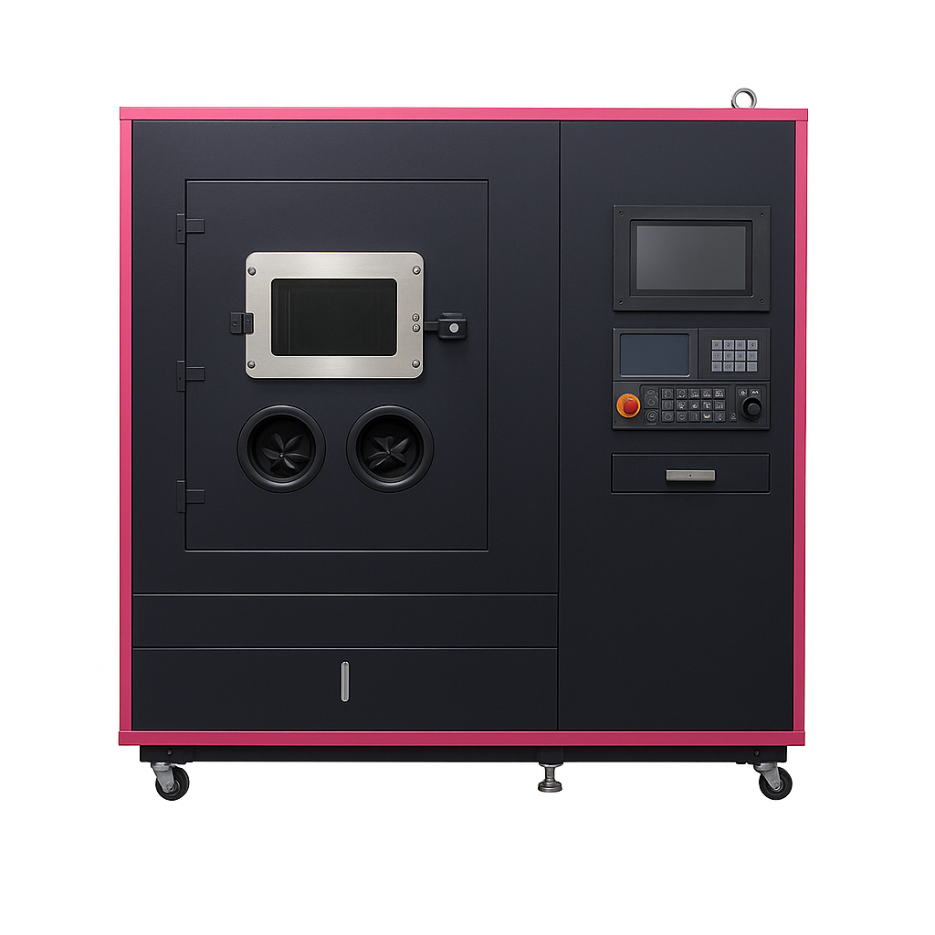 Black and pink environmental testing chamber with a door, window, control panel, and casters.