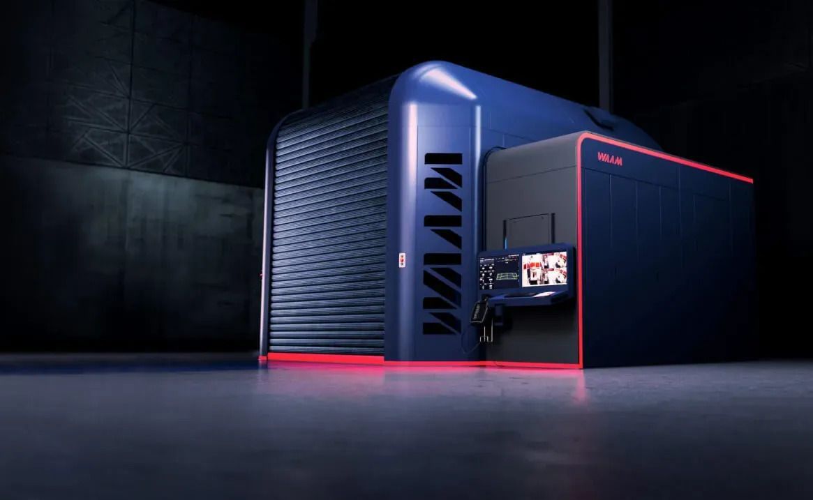 Blue and black machine with red accents, in a dark setting, likely technology or industrial.