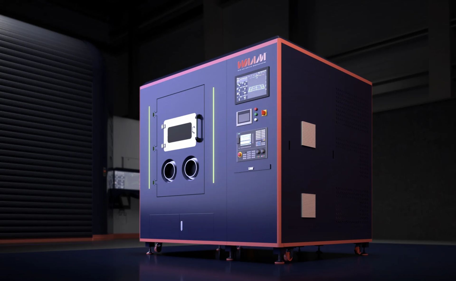 Large industrial machine, black and orange, on wheels, with control panels, in a dim industrial setting.