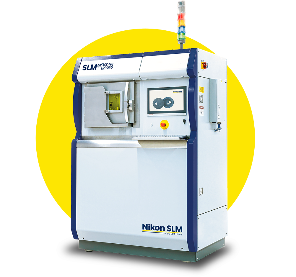 A nikon slm machine with a yellow circle in the background