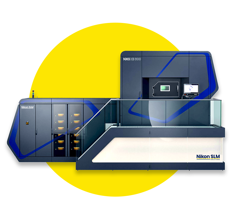 A nikon sum machine is sitting on top of a yellow circle.