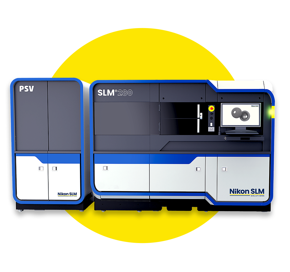 Two nikon slm machines are sitting next to each other on a yellow background.