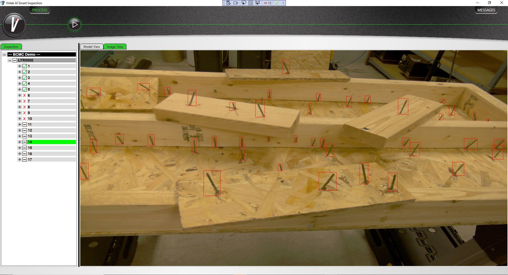 A wooden structure with multiple pieces of lumber. Red boxes and lines highlight various points and edges. A menu is present on the left.