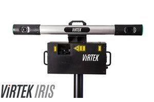 Virtek IRIS laser projection system, black and silver, mounted on a pole, with a handle on top.